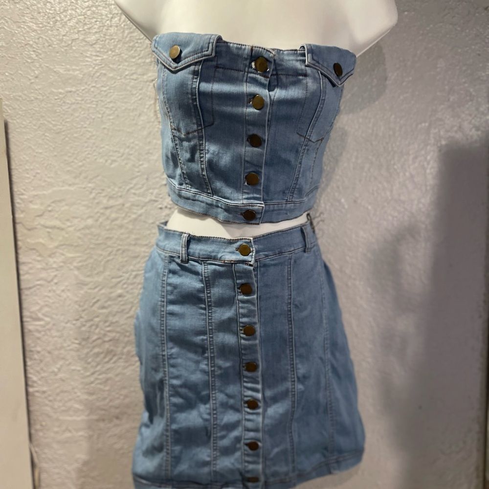 Light Blue Denim Button-Front Mini Skirt Top 2 piece set.